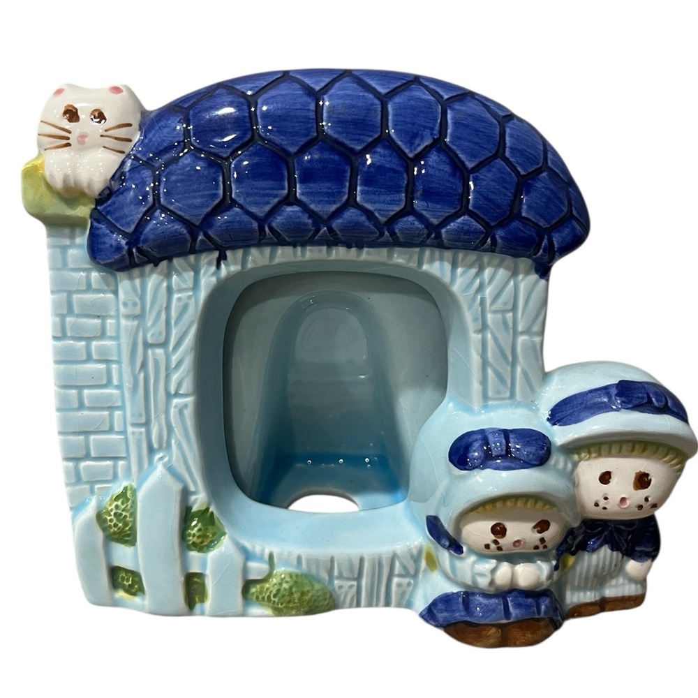 vintage Small photo ceramic frame cat‎ kids Blue House Gate Grandma Core Kitchy